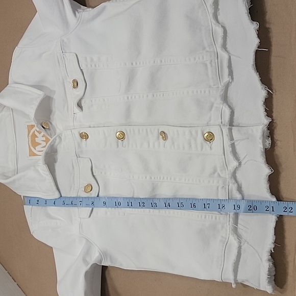 Michael Michael Kors Size M White Denim Jacket, Gold Tone Buttons, Frayed Hem - Picture 9 of 11